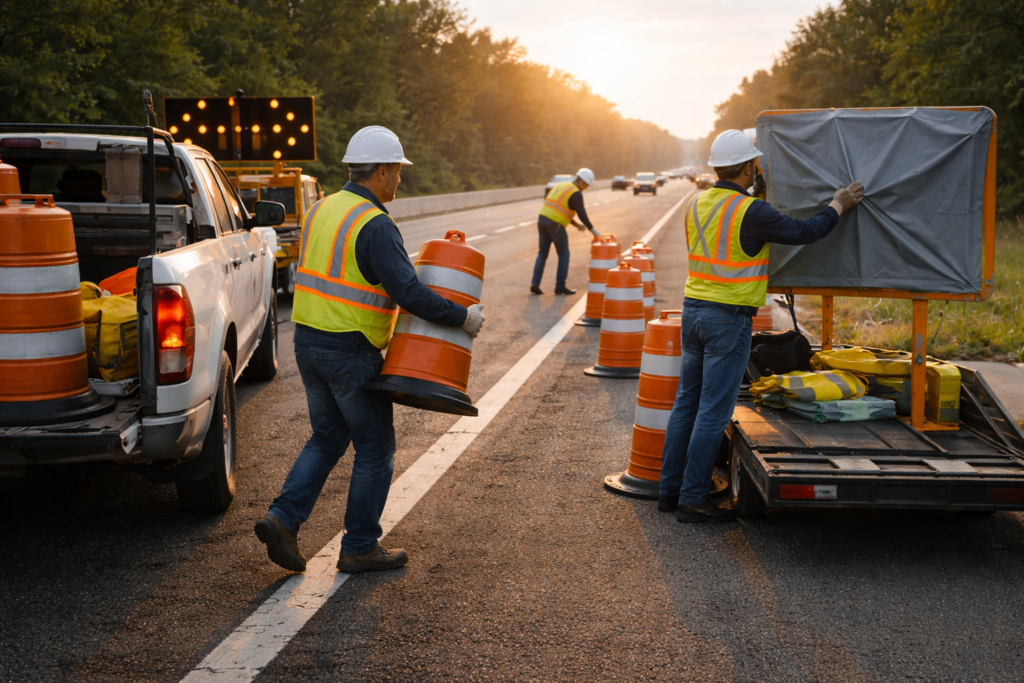 Crew closing a lane closure using a traffic control plan checklist to remove devices and restore traffic flow