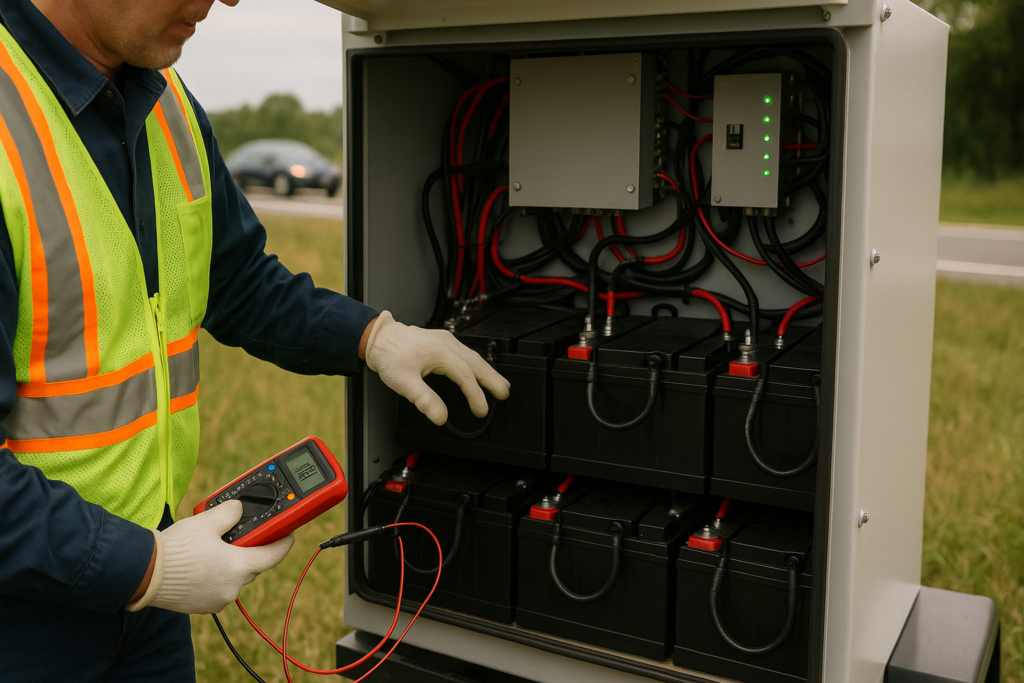Technician inspecting solar battery components to support traffic control cost efficiency