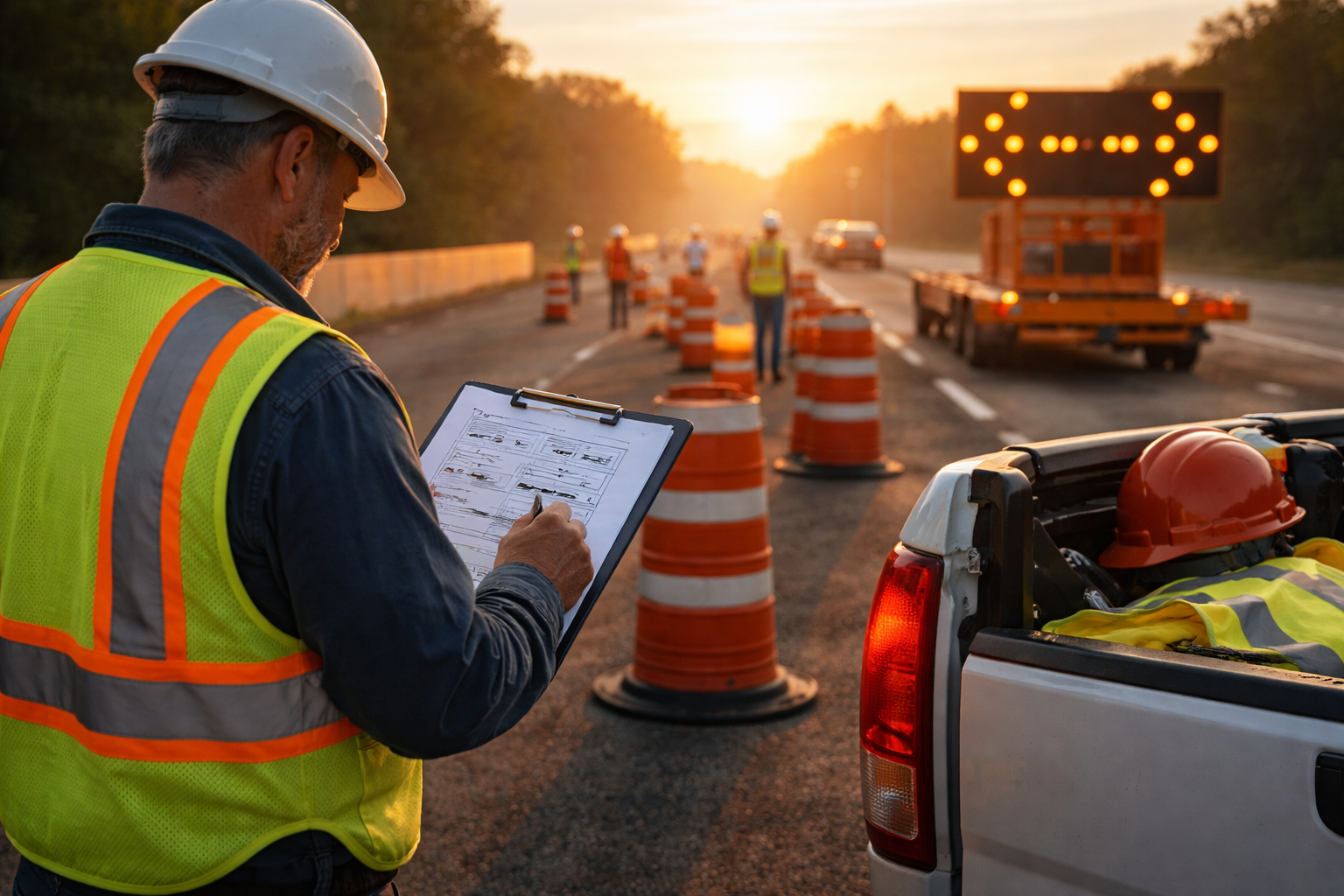Supervisor Reviewing Traffic Control Plan at Work Zone Supervisor reviewing a traffic control plan checklist before installing an Illinois work zone lane closure