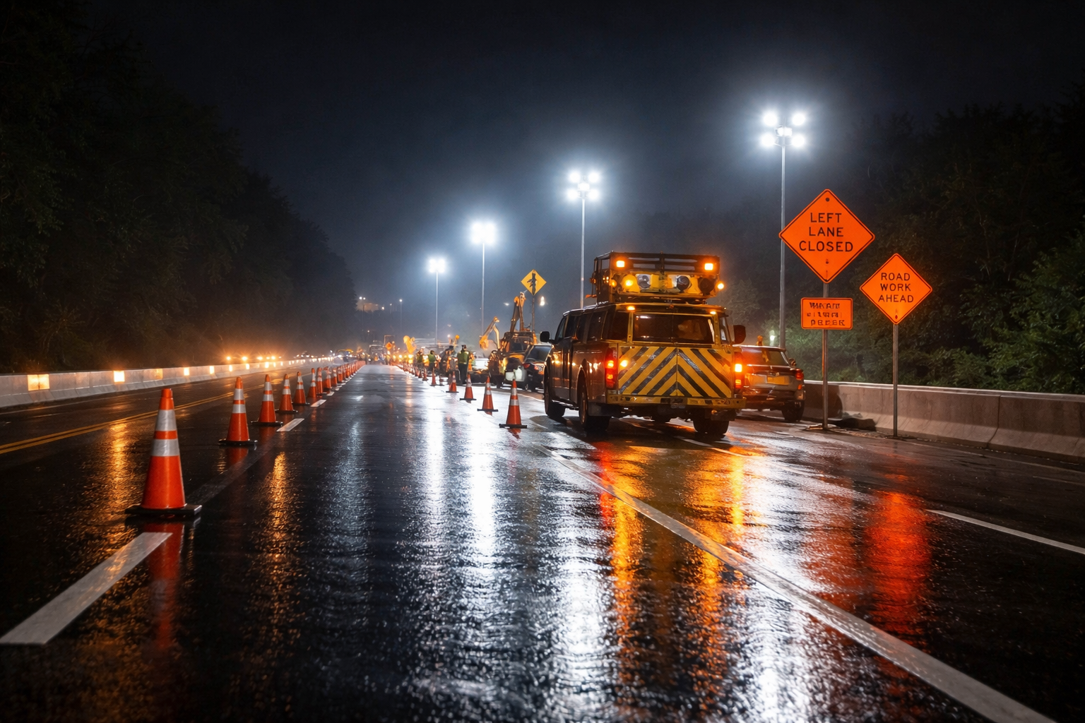night work zone traffic control on an Illinois highway at night with cone taper, arrow board, and TMA protection