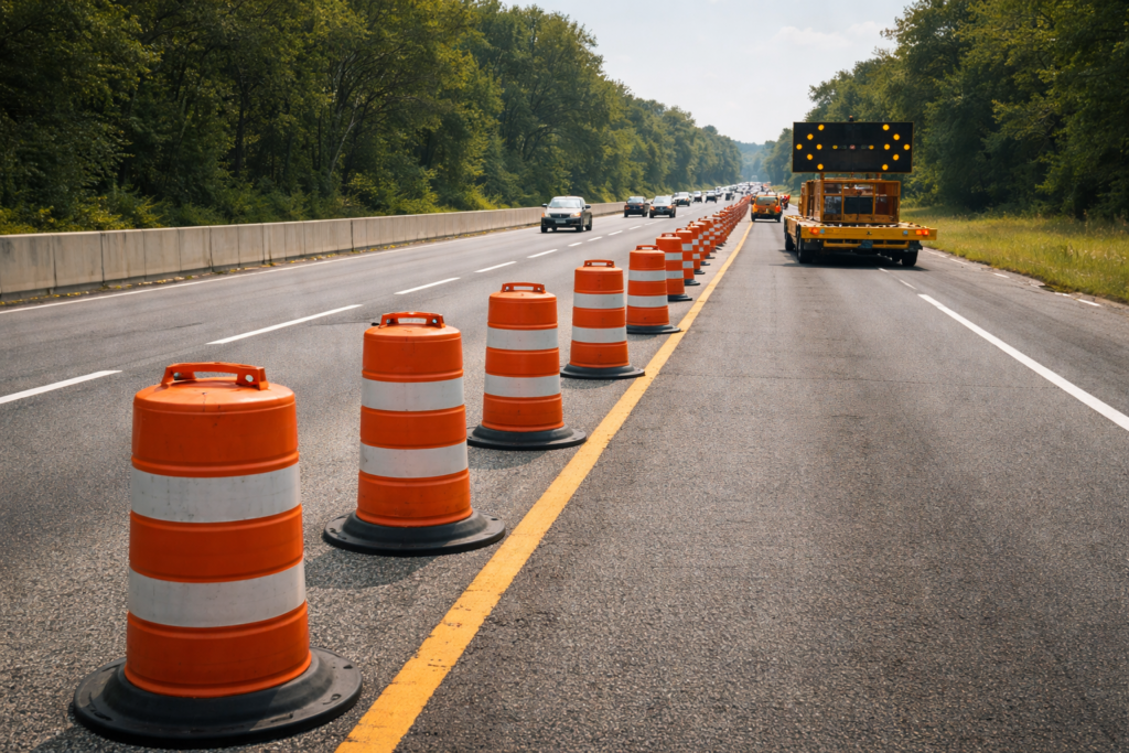 Complete Illinois lane closure installed using a traffic control plan checklist with aligned drums and upstream protection