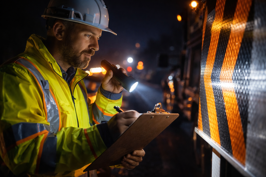 night work zone traffic control inspection of retroreflective temporary sign with flashlight and clipboard