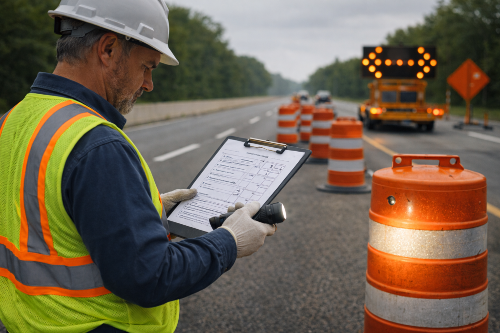 Inspector using a traffic control plan checklist to verify work zone devices during a daily inspection